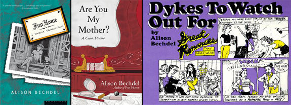 Alison Bechdel covers from left to right: Fun Home, Are You My Mother?, and Dykes to Watch Out For